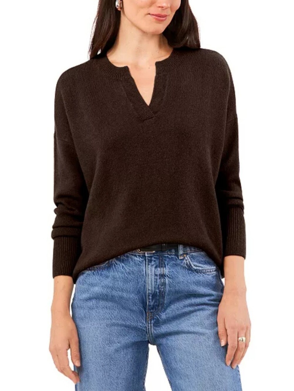 Vince Camuto Women's Notch V-Neck Sweater - Dark Brown
